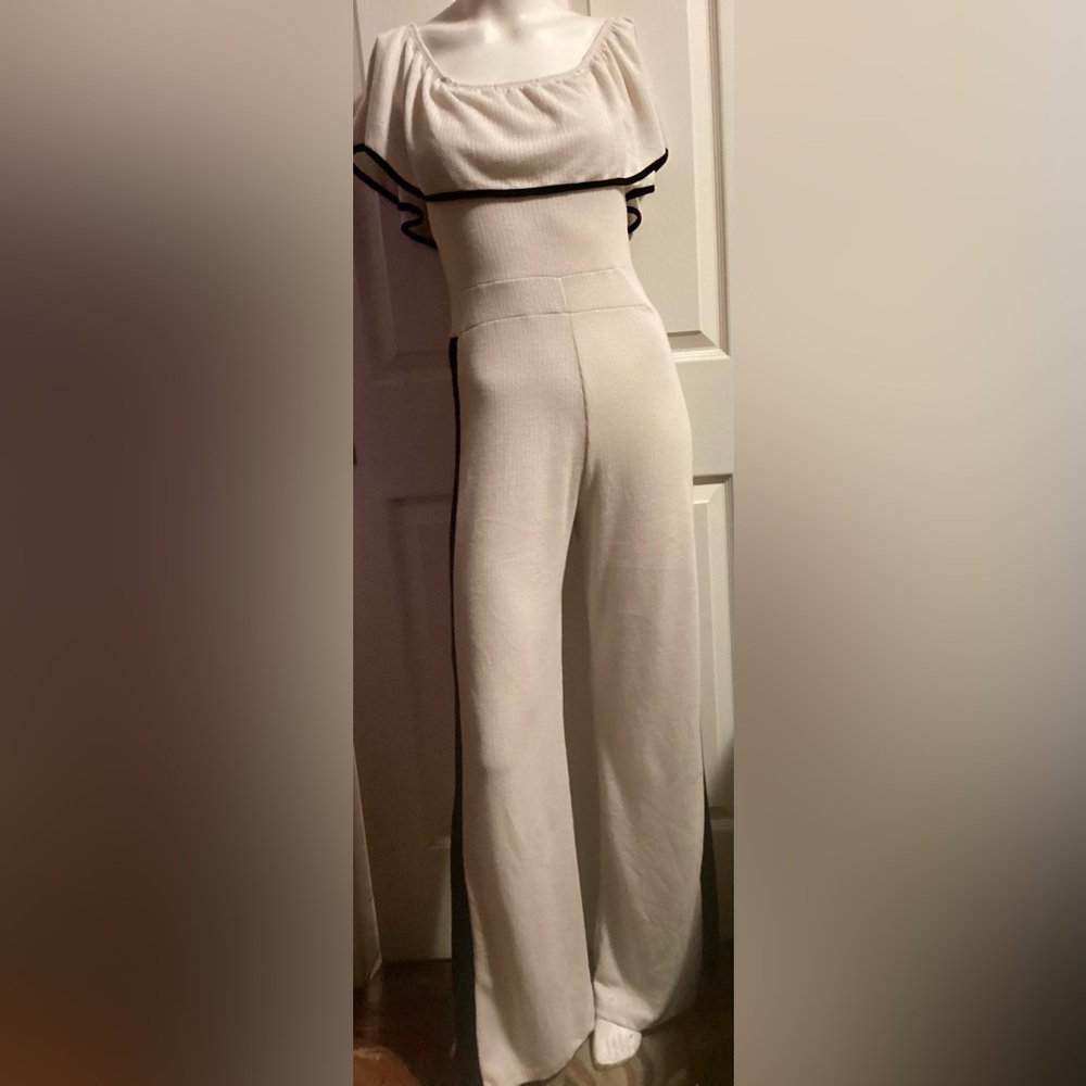 CREAM JUMP-SUITE WITH BLACK SIDE STRIP and LOW SIDE SLIT